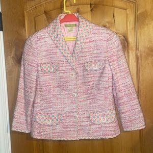 SIGRID OLSEN 4-Pocket Pink Tweed Knit Multi Polka Dot Blazer Barbiecore EUC 2P